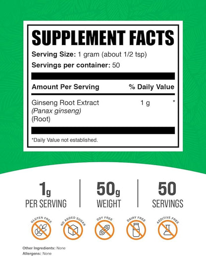 BulkSupplements.com Ginseng Root Extract Powder - Ginseng Supplement, Ginseng Herbal Supplements, Panax Ginseng - Vegan & Gluten Free, 1000mg per Serving, 50g (1.8 oz) (Pack of 1)