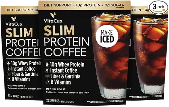 VitaCup Slim Protein Coffee Shake for Diet Support, Instant Coffee w/Whey Protein Powder, B Vitamins & Fiber, Dietitian Developed for Performance & Taste, Make as Iced Coffee or Shake, 3 Bags