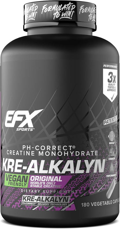 EFX Sports Kre-Alkalyn EFX | pH Correct Creatine Monohydrate Pill Supplement | Vegan Friendly | Strength & Muscle Growth | 90 Servings, 180 Veggie Capsules