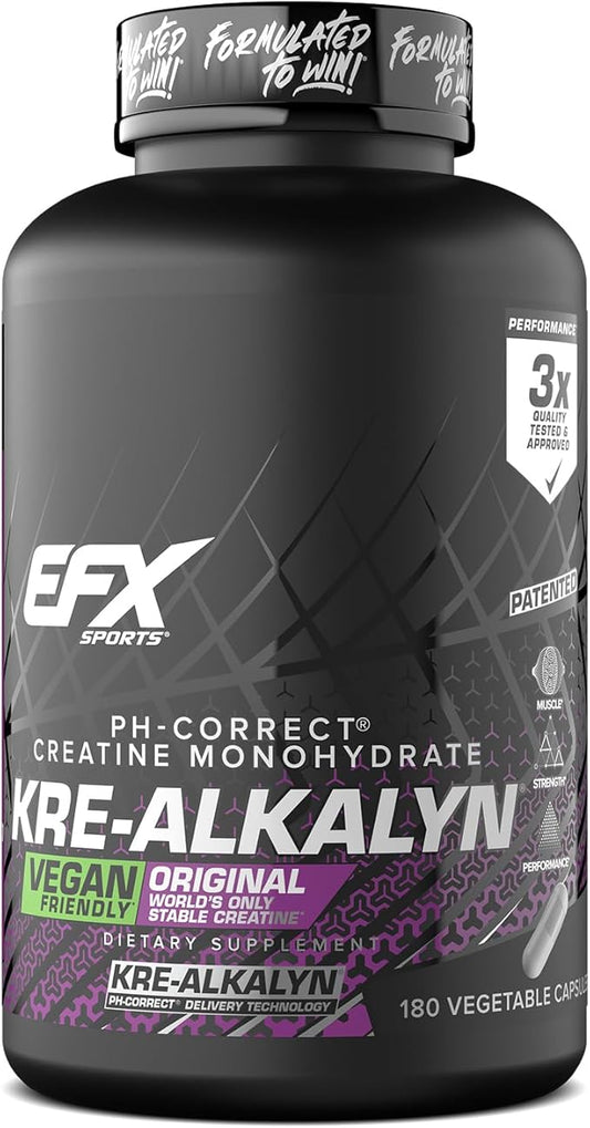 EFX Sports Kre-Alkalyn EFX | pH Correct Creatine Monohydrate Pill Supplement | Vegan Friendly | Strength & Muscle Growth | 90 Servings, 180 Veggie Capsules