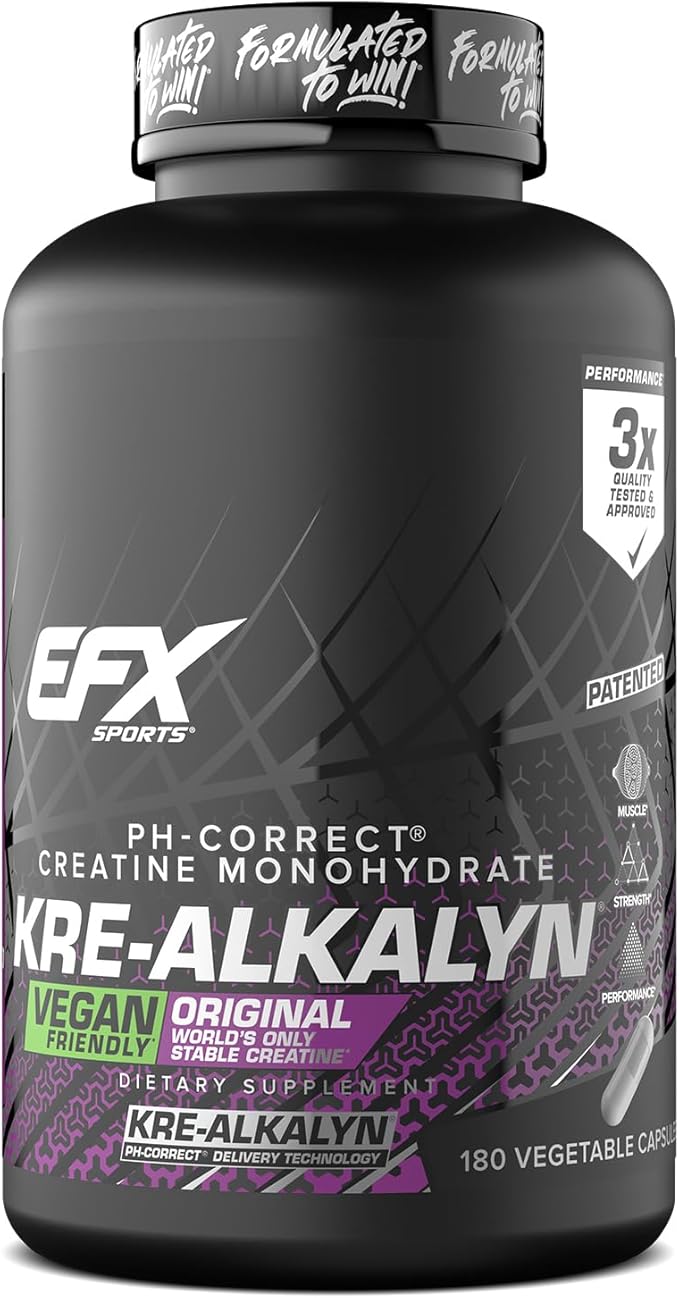 EFX Sports Kre-Alkalyn EFX | pH Correct Creatine Monohydrate Pill Supplement | Vegan Friendly | Strength & Muscle Growth | 90 Servings, 180 Veggie Capsules