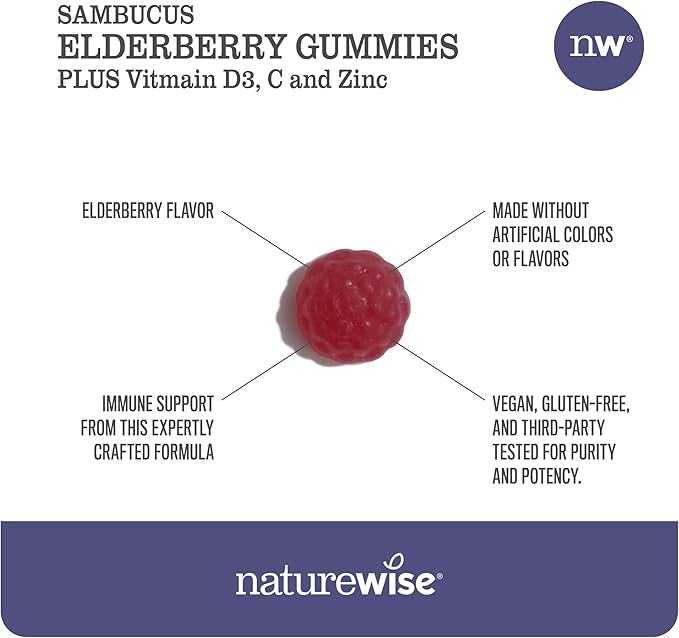 NatureWise Sambucus Elderberry Gummies - Immune Support Supplement for Kids Ages 4+ & Adults with Vitamin C, D3, Zinc - Elderberries Equivalent to 3520mg - Vegan, Non-GMO - 60 Count[30-Day Supply]