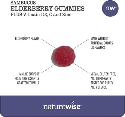 NatureWise Sambucus Elderberry Gummies - Immune Support Supplement for Kids Ages 4+ & Adults with Vitamin C, D3, Zinc - Elderberries Equivalent to 3520mg - Vegan, Non-GMO - 60 Count[30-Day Supply]