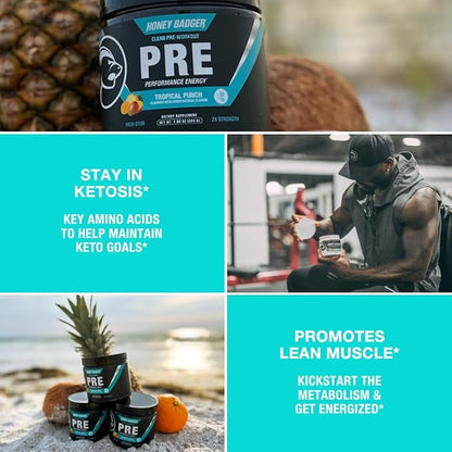 Honey Badger Pre Workout Powder, Keto Vegan Preworkout for Men & Women, Beta Alanine & Caffeine, Sugar Free Natural Energy Supplement, Tropical Punch (High-Stim)
