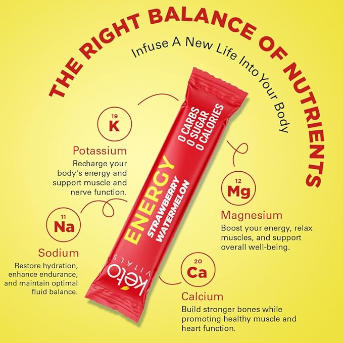 Keto Vitals Keto Electrolyte Energy Drink Powder Packets - Increases Energy - Keto Electrolyte Supplement for Energy and Rehydration - Strawberry Watermelon Keto Energy Powder Packets, 30 Count