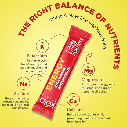 Keto Vitals Keto Electrolyte Energy Drink Powder Packets - Increases Energy - Keto Electrolyte Supplement for Energy and Rehydration - Strawberry Watermelon Keto Energy Powder Packets, 30 Count