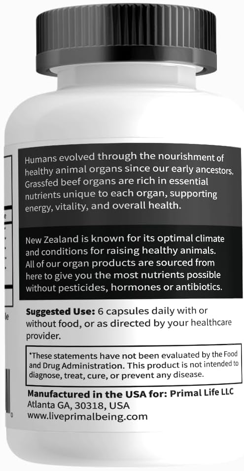 Primal Being Grassfed Beef Organ Complex - Liver, Heart, Pancreas, Spleen, & Kidney- Supports Overall Health & Performance - 180 Capsules, 3000mg per Serving