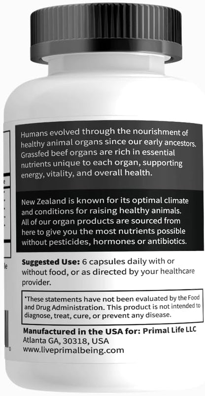Primal Being Grassfed Beef Organ Complex - Liver, Heart, Pancreas, Spleen, & Kidney- Supports Overall Health & Performance - 180 Capsules, 3000mg per Serving