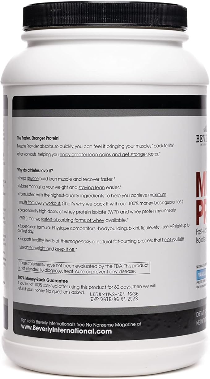 Beverly International Muscle Provider, 30 Servings, Vanilla. Super-Fast-Absorbing Whey Protein Powder for Recovery, Lean Muscle. Fills Your Muscles, not Your Stomach. Tastes Like Ice Cream!