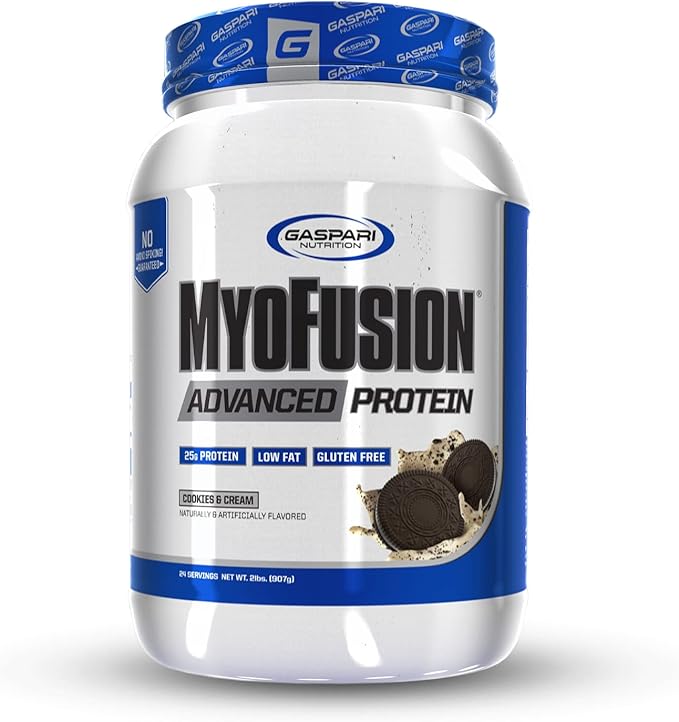 Gaspari Nutrition Myofusion Advanced Protein, Protein Blend with Whey Protein, Casein Protein and Isolate Protein, Low Fat and Gluten Free (2lbs, Cookies and Cream)