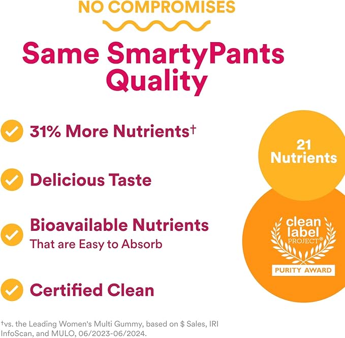 SmartyPants Women's Multivitamin Gummies - Improved Formula: Omega 3 (DHA/EPA), Methylfolate, CoQ10, Vitamin D3, C, Vitamin B12, B6, Vitamin A, K & Zinc, Gluten Free, 90 Count (30 Day Supply)