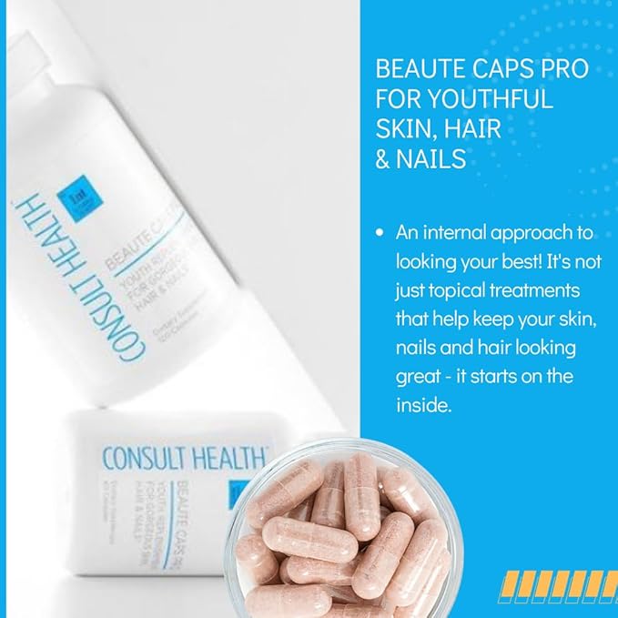 Consult Health Beaute Caps Pro - Collagen Supplement - Biotin 10,500mcg, MSM, Blood Orange for Skin, Hair, Nails Health - Collagen Vitamins - Anti-Aging, USA Made