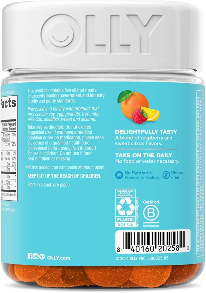 OLLY Essential Prenatal Gummy Multivitamin, Folic Acid, Vitamin D, Omega 3 DHA, Supports Healthy Growth and Brain Development, Citrus Berry - 84 Count