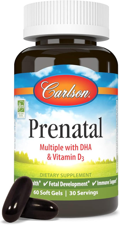 Carlson - Prenatal, Multiple with DHA & Vitamin D3, Pregnancy Health, Fetal Development & Immune Support, 60 Softgels