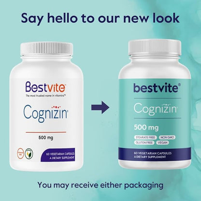 BESTVITE Cognizin 500mg (180 Vegetarian Capsules) (60x3) - Clinically Studied Premium Choline Nootropic - No Stearates - Vegan - Non GMO - Gluten Free - Brain Supplements for Memory and Focus