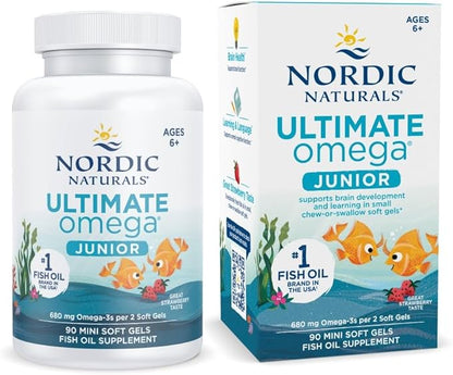Nordic Naturals Ultimate Omega Jr., Strawberry - 90 Mini Soft Gels - 680 Total Omega-3s with EPA & DHA - Brain Health, Mood, Learning - Non-GMO - 45 Servings