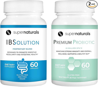IBSolution Gut Health Bundle - All Natural Gut Health Support & Premium Probiotics w/ 40 Billion CFU for Support of Irregular Bowels, Bloating, Constipation, Gas, Abdominal Pain - 2 Pack (120 Caps)