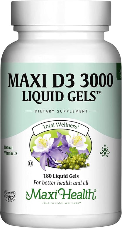 Maxi Health Kosher Vitamin D3 3000 IU - Pure Vitamin D 3000 IU for Healthy Bones, Teeth, Immune Support - High Absorption Vit D3 (180 Liquid Gels)