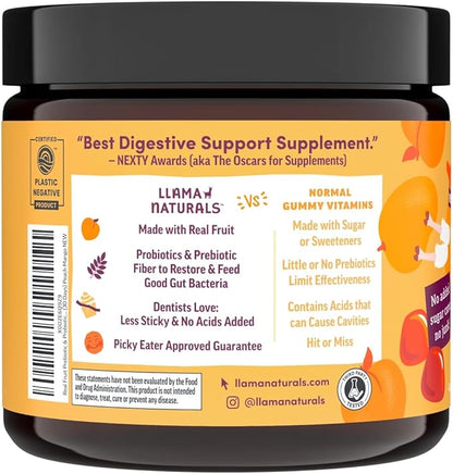 Llama Naturals Real Fruit Prebiotic & Probiotic Kids Gummies | No Added Sugar Cane | Vegan Organic Synbiotics | Children Digestion, Toddler Gut Health 2B CFU | 120 ct (2-4 Months) | Peach Mango
