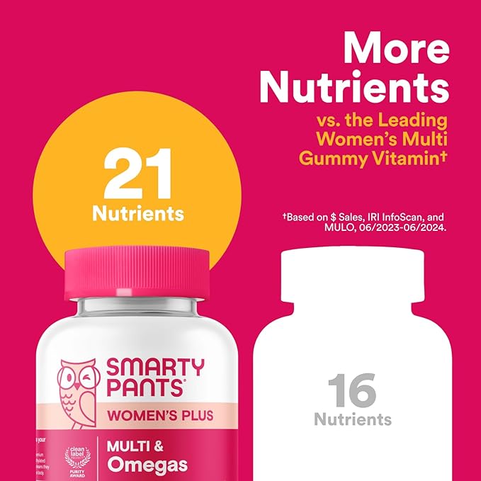 SmartyPants Women's Multivitamin Gummies - Improved Formula: Omega 3 (DHA/EPA), Methylfolate, CoQ10, Vitamin D3, C, Vitamin B12, B6, Vitamin A, K & Zinc, Gluten Free, 90 Count (30 Day Supply)