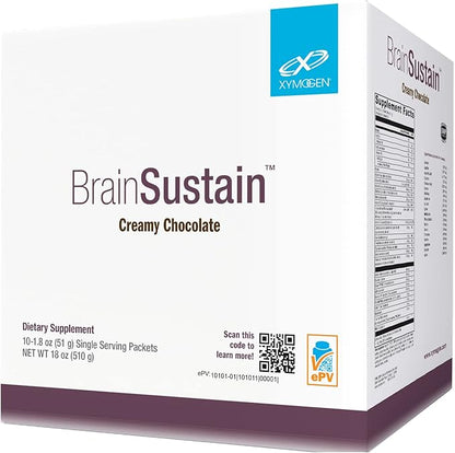 XYMOGEN BrainSustain Powder - Memory + Brain Support Drink with 19g Pea Protein, B Vitamins, Minerals, Amino Acids, Phosphatidylserine, DHA + CoQ10 - Creamy Chocolate (10 Packets)