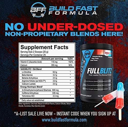 FULLBLITZ Fully Loaded Pre-Workout | Energy Booster + Huge Dual Pathway Nitric Oxide Boosting Muscle Pumps, Laser Focus & Nootropic Blend – 24 Workouts (Rocket Pop)