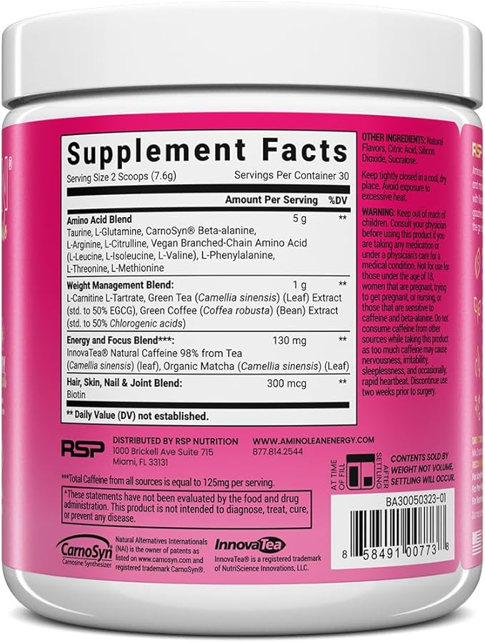 RSP NUTRITION AminoLean Pre Workout, Clean Energy with No Jitters, Tingles or Crash, Vegan Friendly with Added Biotin for Hair, Skin, Nails, Berry Elixir, 30 Servings