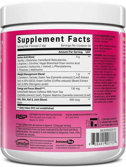 RSP NUTRITION AminoLean Pre Workout, Clean Energy with No Jitters, Tingles or Crash, Vegan Friendly with Added Biotin for Hair, Skin, Nails, Berry Elixir, 30 Servings