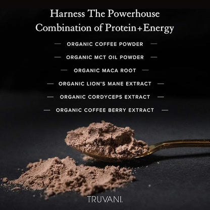 Truvani Protein + Energy Drink Mix with 87mg Caffeine | Chocolate Mocha | 12g Organic Plant Based Protein | 20 Servings | USDA Organic Coffee Powder & Adaptogens | Gluten & Dairy Free | Vegan