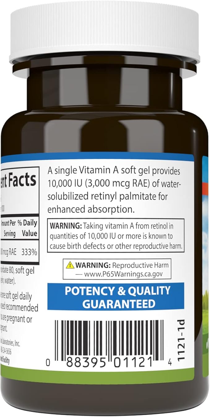 Carlson - Vitamin A Solubilized, 10000 IU (3000 mcg RAE), Water Soluble, Vision Health, 100 Softgels