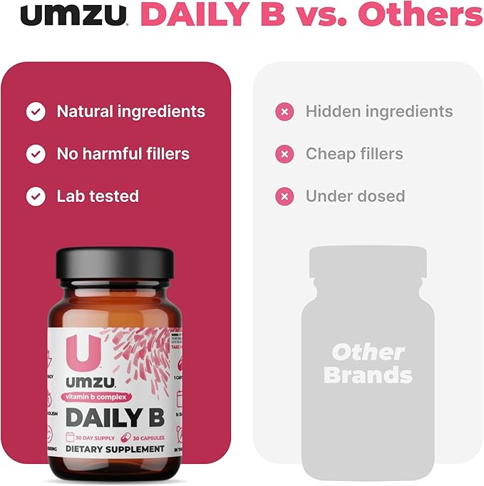 UMZU Daily B | 100% Complete Vitamin B Complex with B1, B2, B3, B5, B6, B7, B9 & B12 with Folic Acid | Supports Natural Energy Production &Cognitive Function Well (30 Day Supply | 30 Capsules)