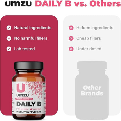 UMZU Daily B | 100% Complete Vitamin B Complex with B1, B2, B3, B5, B6, B7, B9 & B12 with Folic Acid | Supports Natural Energy Production &Cognitive Function Well (30 Day Supply | 30 Capsules)