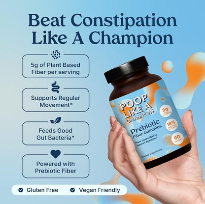 Poop Like a Champion Fiber Gummies – 5g Fiber per Serving, Non-GMO, Vegan, Digestive Support, 60 Pieces per Bottle