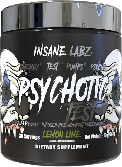 Insane Labz Psychotic Test, High Stim Testosterone Energy and Pump Boosting Pre-Workout Powder with DMAE Bitartrate, D Aspartic Acid, Creatine HCL and Glycerol Monostearate, 30 Servings, Lemon Lime