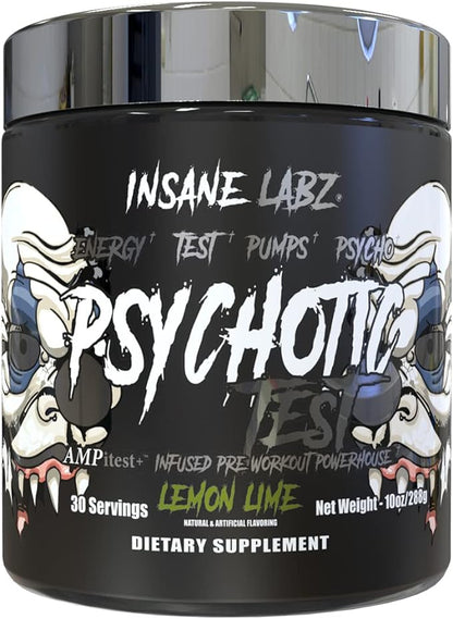 Insane Labz Psychotic Test, High Stim Testosterone Energy and Pump Boosting Pre-Workout Powder with DMAE Bitartrate, D Aspartic Acid, Creatine HCL and Glycerol Monostearate, 30 Servings, Lemon Lime