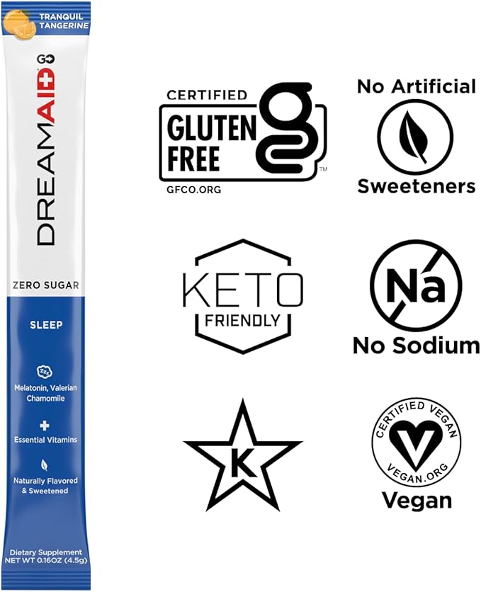 Sleep Aid Drink Mix, DreamAid, Melatonin, Chamomile - Helps Adults Fall Asleep Faster, Sleep Longer and Wake up Feeling Rejuvenated, Zero Sugar & Keto Friendly, 14 Servings (Pack of 1)