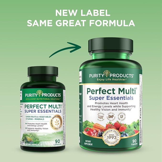 Purity Products Perfect Multi Super Essentials - Multivitamin + Fruits and Vegetables + Promotes Healthy Day and Night Vision Featuring Lutein, Zeaxanthin and Black Currant Extract - 90 Capsules