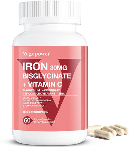 Iron Bisglycinate Supplement for Women & Men - 30mg Iron Pills with Vitamin C, B12, Folic Acid - Chelated Iron for Anemia, Blood Builder - High Absorption, Gluten-Free, Non-GMO - 60 Vegan Caps