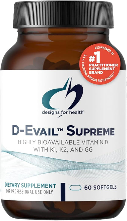 Designs for Health D-Evail Supreme - 5,000 IU Vitamin D3 Supplement with VIT K (K1, K2 as MK-4) + GG - Bone, Cardiovascular + Immune Support - Improved Bioavailability (60 Softgels)