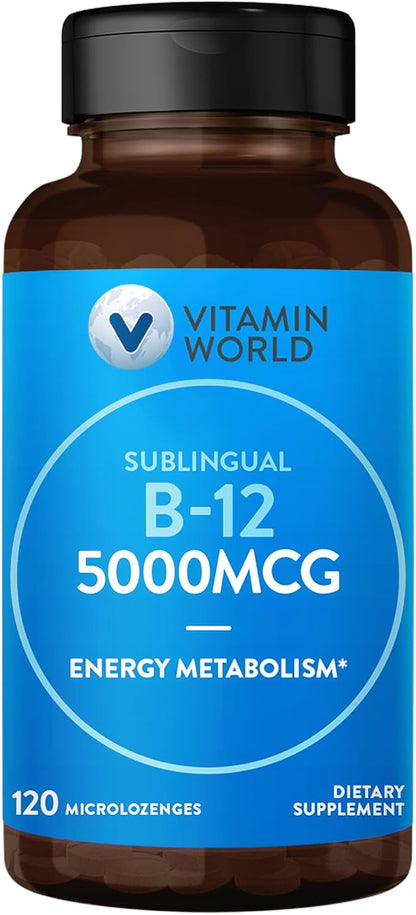 Vitamin World Vitamin B-12 5000 mcg. Sublingual 120 Microlozenges, Supports Energy Metabolism, Supports Heart Health
