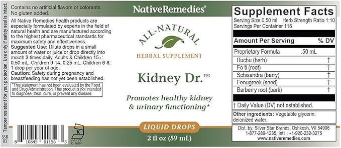 Native Remedies Kidney Dr. - All Natural Herbal Supplement for Kidney and Urinary System Health - 59 mL
