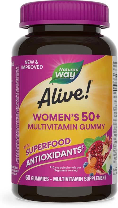 Nature's Way Alive! Women’s 50+ Daily Gummy Multivitamins, Supports Multiple Body Systems*, Supports Healthy Heart, Brain & Bones,* B-Vitamins, Mixed Berry Flavored, 60 Gummies (Packaging May Vary)