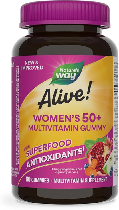 Nature's Way Alive! Women’s 50+ Daily Gummy Multivitamins, Supports Multiple Body Systems*, Supports Healthy Heart, Brain & Bones,* B-Vitamins, Mixed Berry Flavored, 60 Gummies (Packaging May Vary)