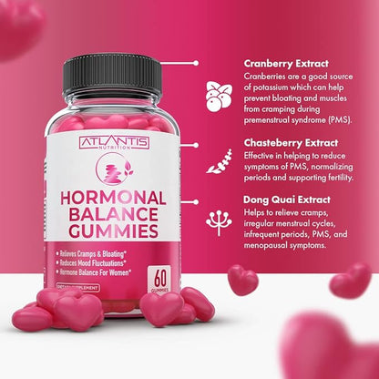 Hormonal Balance For Women & PMS Relief Gummies - Alleviates Cramps, Bloating, Mood Swings, Hot Flashes & Night Sweats - Formulated With Cranberry, Dong Quai & Chasteberry - Menstrual Cramp Relief