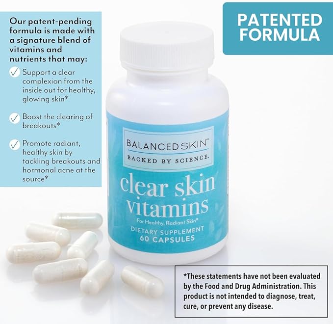 Clear Skin Vitamins for Women & Men - Supplement for Healthy Glowing Skin and Acne Control* - Patented and Dermatologist Developed Hormonal & Cystic Acne Pills