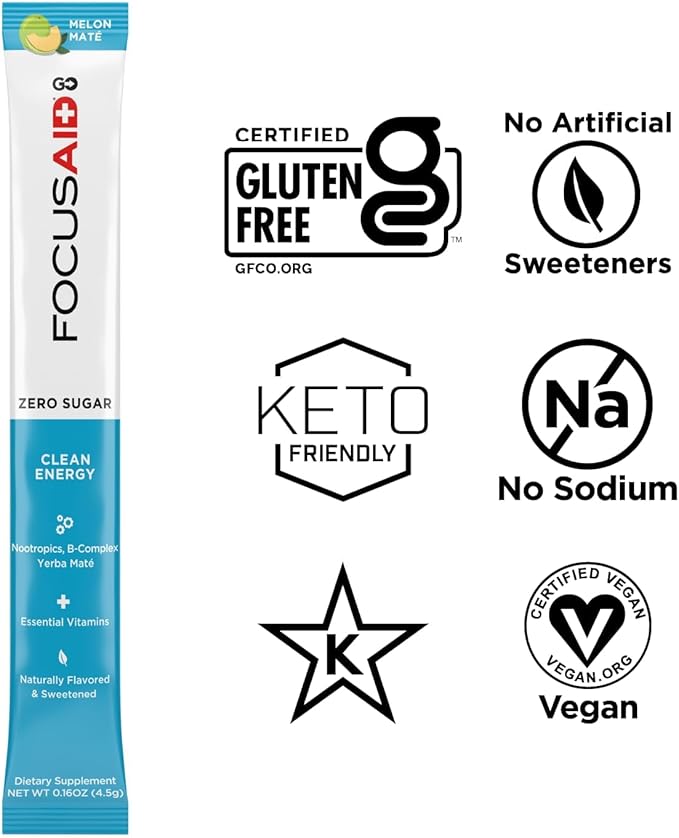 FOCUSAID GO Nootropics Energy Blend, Zero Sugar, Alpha-GPC, GABA, B-Complex, Yerba Mate, Green Tea, Keto Friendly, 100mg Caffeine, 30 Count (Pack of 1)