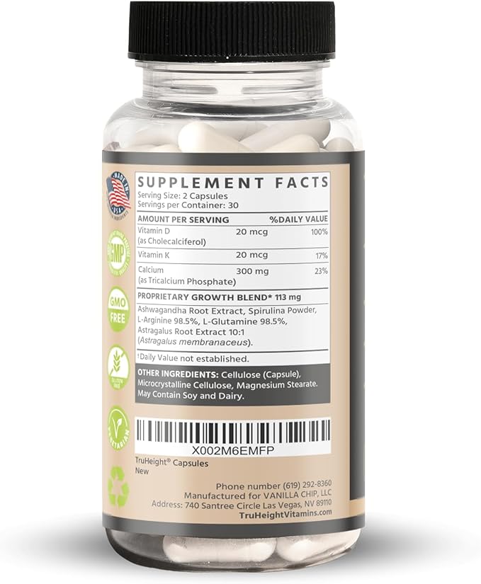 TruHeight Growth Capsules - Natural Growth & Development Supplement for Kids & Teens - Endorsed by Pediatricians - Vitamin D, K, Calcium & Ashwaganda - Bone Strength Capsules - Kids Vitamins - Ages 5+