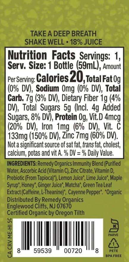 Remedy Organics Immunity Plus Shot, Energize 24-Pack | Boost Energy, Brain Function, Detoxification, and Metabolism | Certified-Organic Ingredients