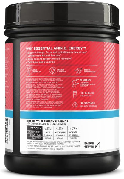 Optimum Nutrition Essential AMIN.O Energy & Electrolytes - Energy, Focus & Post-Workout Muscle Recovery - Strawberry Pre-Workout Electrolyte Powder Drink - Strawberry Burst, 1.51 lb (72 Servings)