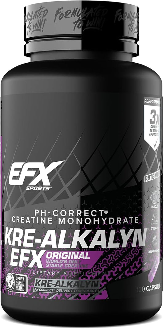 EFX Sports Kre-Alkalyn EFX | pH Correct Creatine Monohydrate Pill Supplement | Strength, Muscle Growth & Performance | 60 Servings, 120 Capsules
